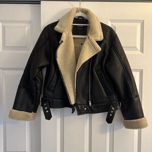 Zara Black Faux Leather Aviator Jacket with Cream Sherpa Lining